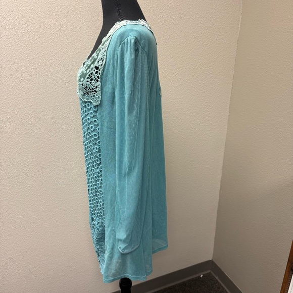Pretty Angel Teal Lace Crochet Boho Tunic Top XL Long Sleeve Romantic Top - Picture 4 of 11